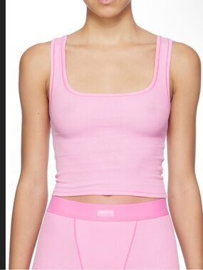 NWT SKIMS Pink Ribbed Square-Neck Crop Tank in Bubblegum Size Small